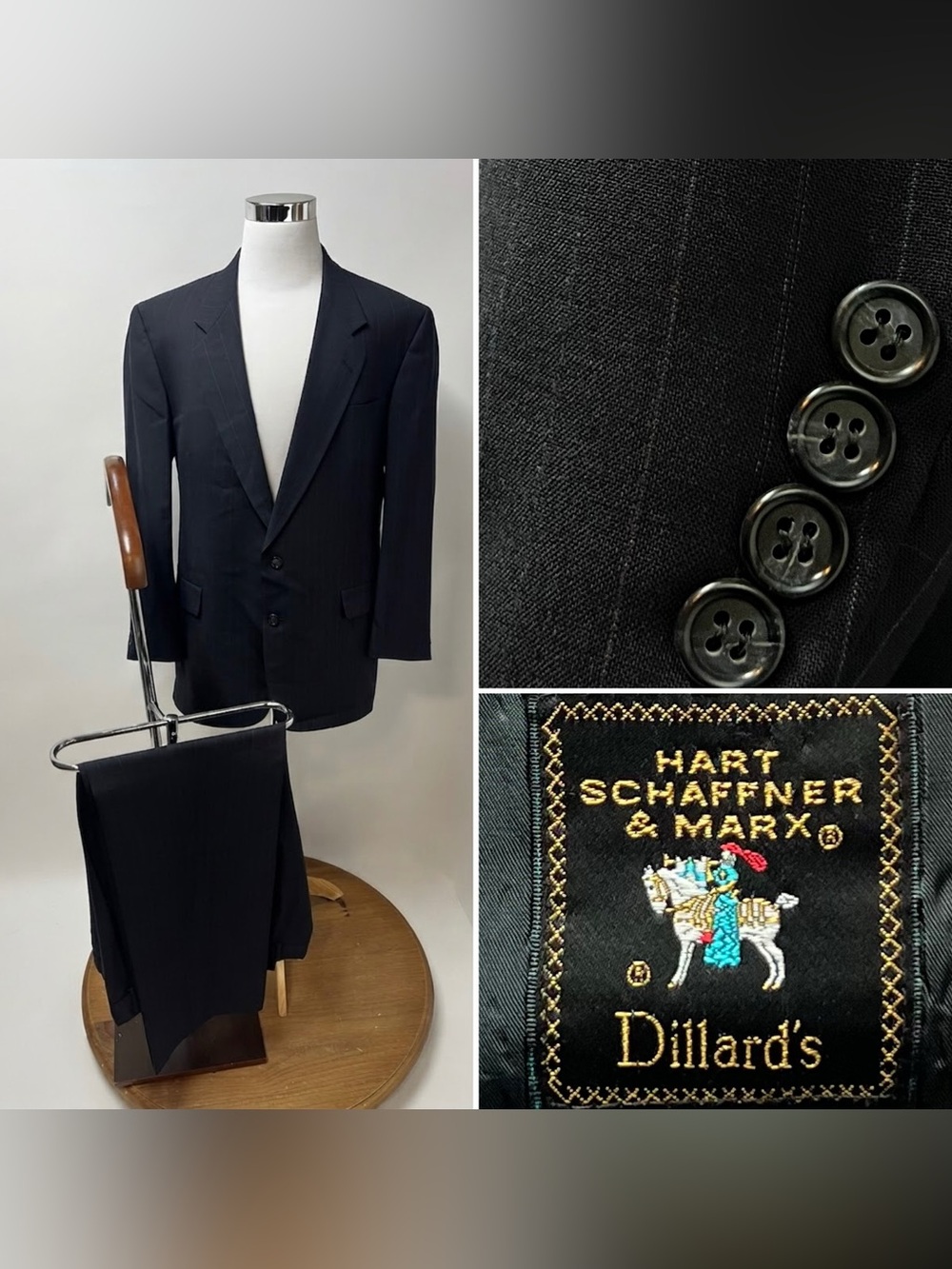 Hart Schaffner Marx Men’s 46L Vintage Pinstripe Navy Pleated 2-Button Suit